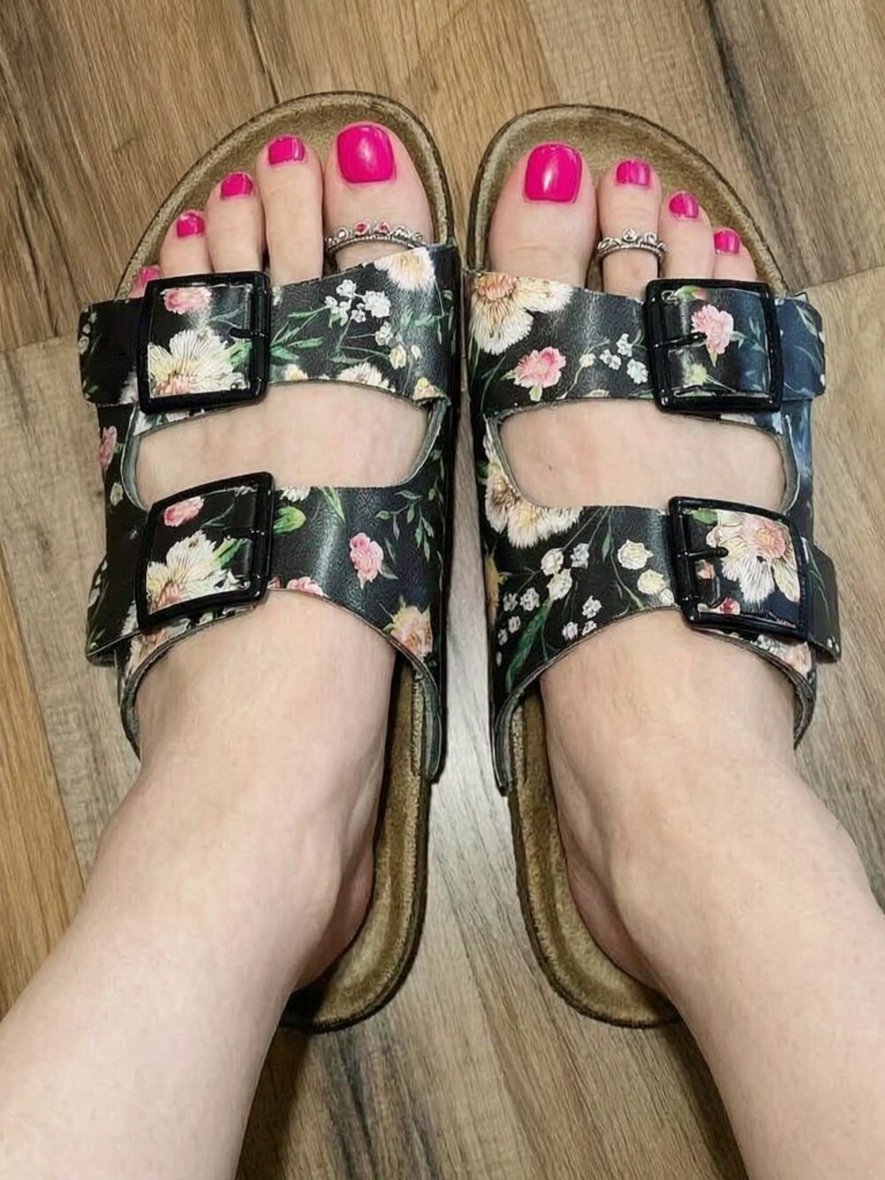Size 8 Women's Unionbay Black Floral Sandals Slide On Buckles Slip Ons Summer